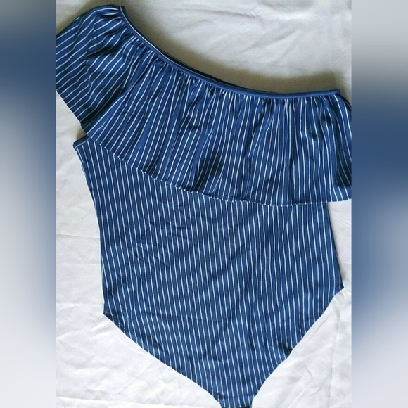 Mark Blue Bodysuit with Asymmetrical Ruffle Design - Picture 1 of 6